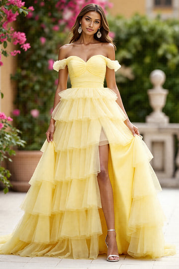 Yellow Off The Shoulder Tiered Prom Dress With Slit